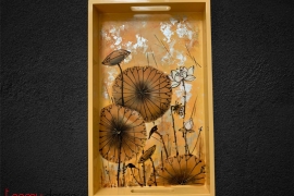 Rectangular yellow lacquer tray with hand painted lotus 25x40 cm